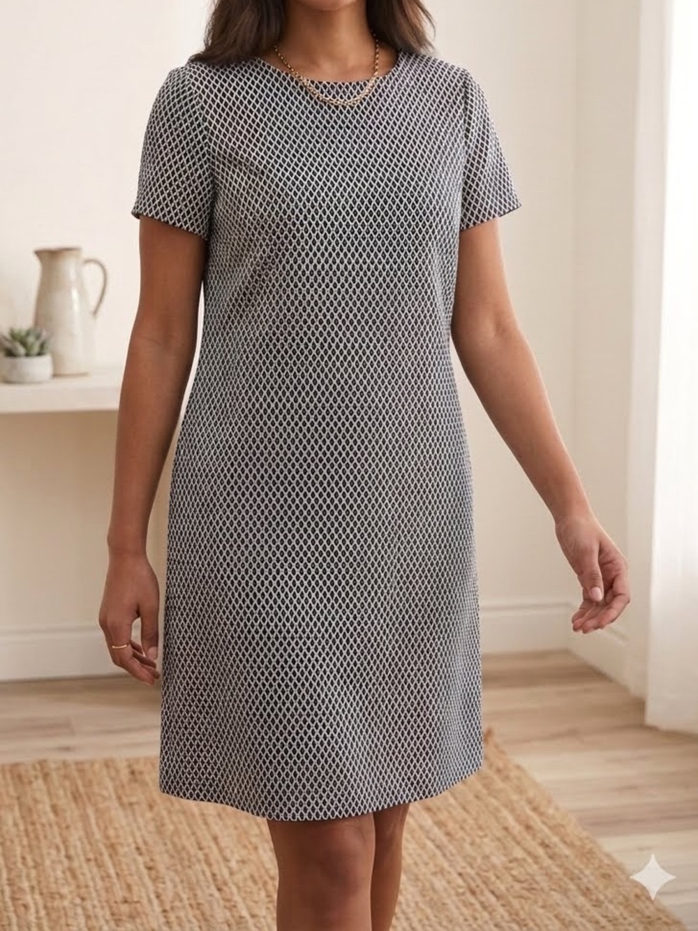Calvin Klein Dress Black White Geometric Print Ponte Knit Shift office classy 16